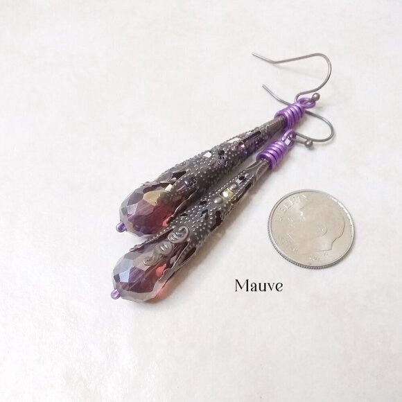 Extra Long & Lightweight! Sexy Copper Filigree & Mauve/Violet Dangle Earrings! - Picture 3 of 7